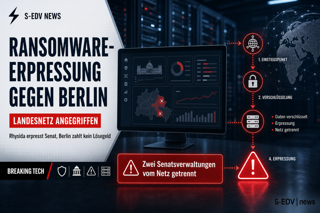 News-Grafik zur Ransomware-Erpressung durch Rhysida gegen das Berliner Landesnetz: Headline, Berlin-Karte mit markierten Senatsverwaltungen und Angriffspfad-Diagramm mit den Stufen Einstiegspunkt, Verschluesselung, Erpressung.