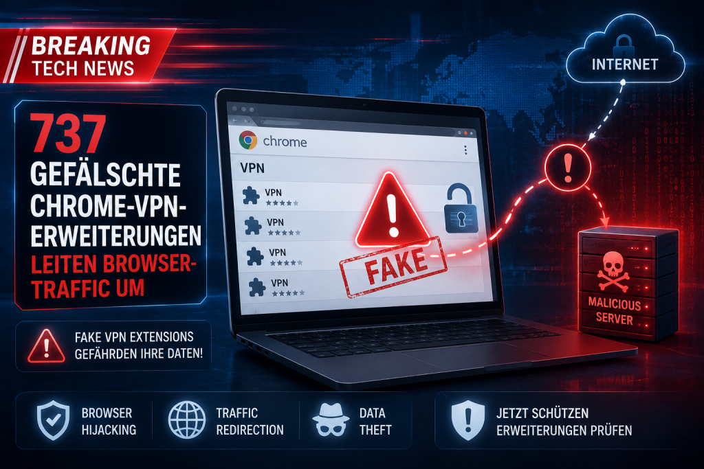 737 gefälschte Chrome VPN Erweiterungen leiten Browser Traffic um und gefährden Nutzerdaten durch bösartige Server.