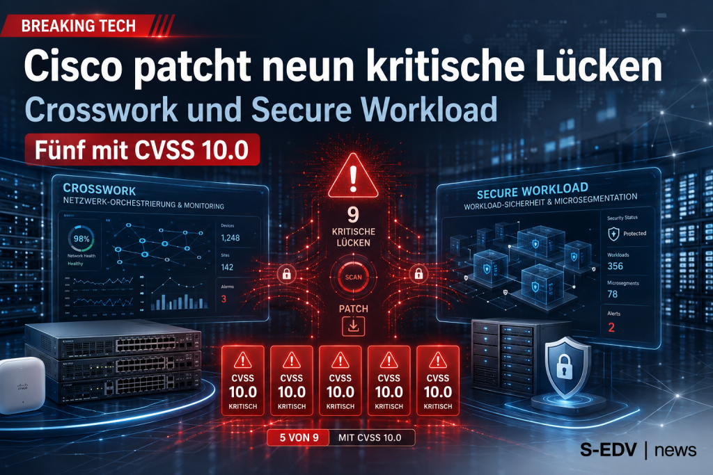 Cisco patcht neun kritische Sicherheitslücken in Crosswork und Secure Workload, darunter fünf Schwachstellen mit CVSS 10.0, dargestellt mit Netzwerk, Servern und Security Warnungen.