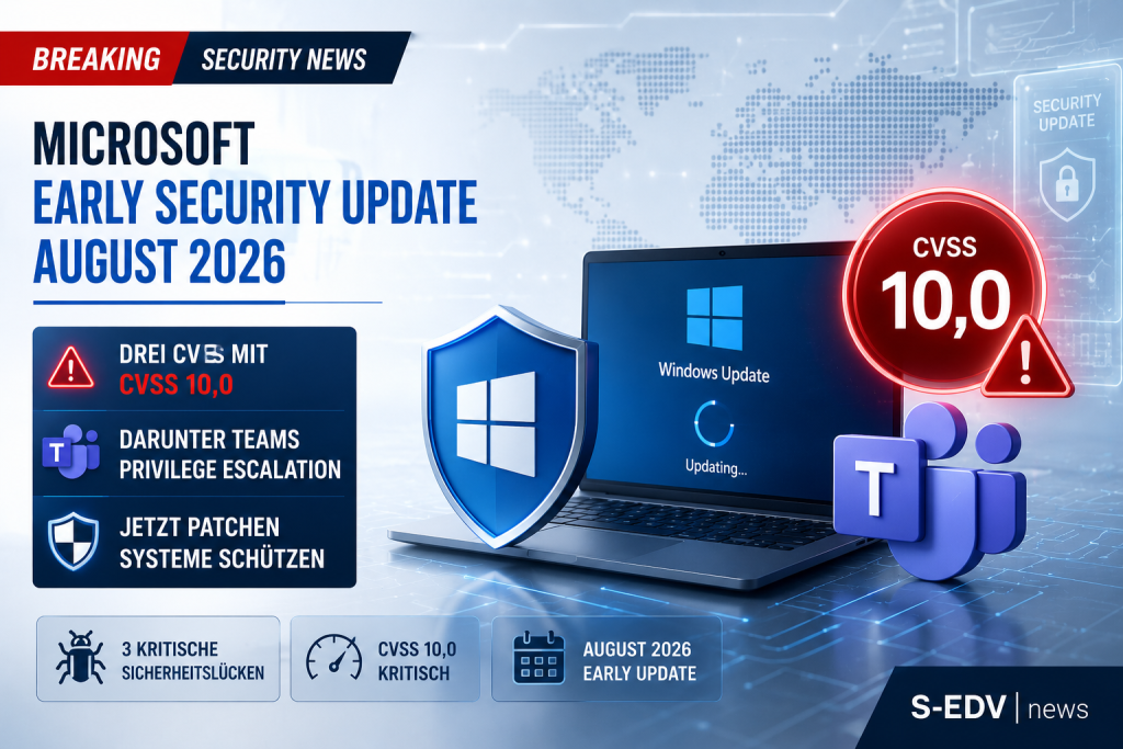 Microsoft Early Security Update August 2026 mit drei kritischen CVEs mit CVSS 10,0, darunter eine Teams Privilege-Escalation-Schwachstelle und dringender Patch-Empfehlung.