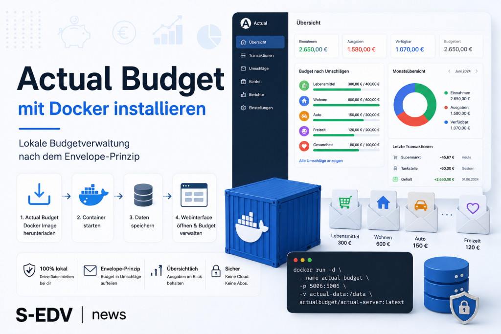 Illustration zur Installation von Actual Budget mit Docker. Die Grafik zeigt eine lokale Budgetverwaltung nach dem Envelope Prinzip mit Docker Container, Weboberfläche, Budget Umschlägen, Finanz Dashboard, Datenbank und Terminal. Ideal als Titelbild für e