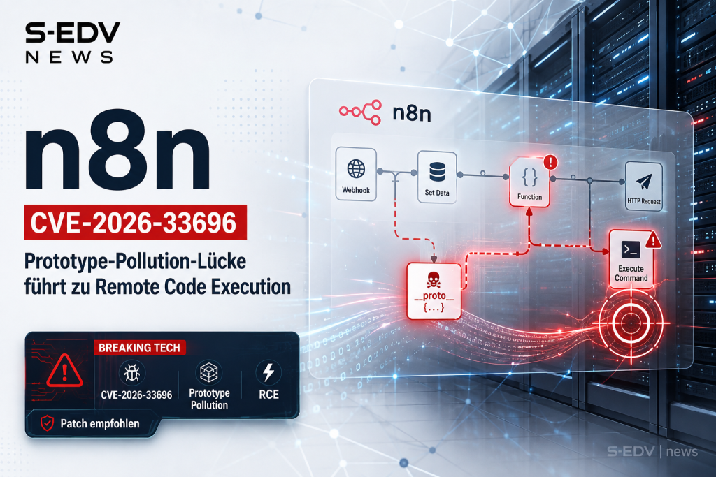 n8n CVE-2026-33696 mit visualisiertem Workflow Angriff durch Prototype Pollution bis zur Remote Code Execution auf einem Server.