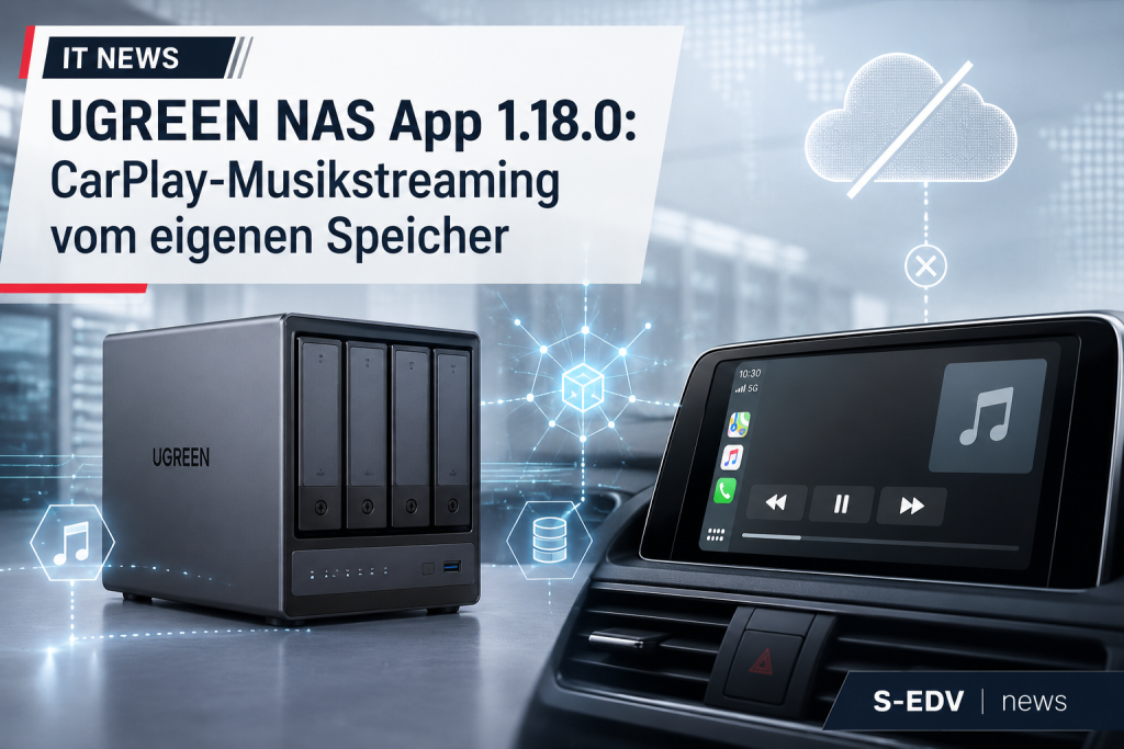 UGREEN NAS mit App 1.18.0 und CarPlay-Musikstreaming vom eigenen Netzwerkspeicher im Auto, ohne Cloud-Anbindung.