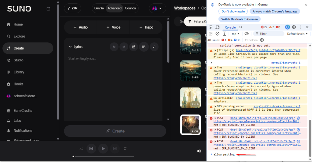 Chrome mit Konsole - allow pasting