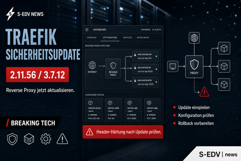 IT-News-Titelbild zum Traefik-Sicherheitsupdate: Headline TRAEFIK SICHERHEITSUPDATE mit Versionsbadge 2.11.56 und 3.7.12, Dashboard-Mockup eines Docker-Reverse-Proxy-Routings und Netzwerkdiagramm mit Update-Schritten