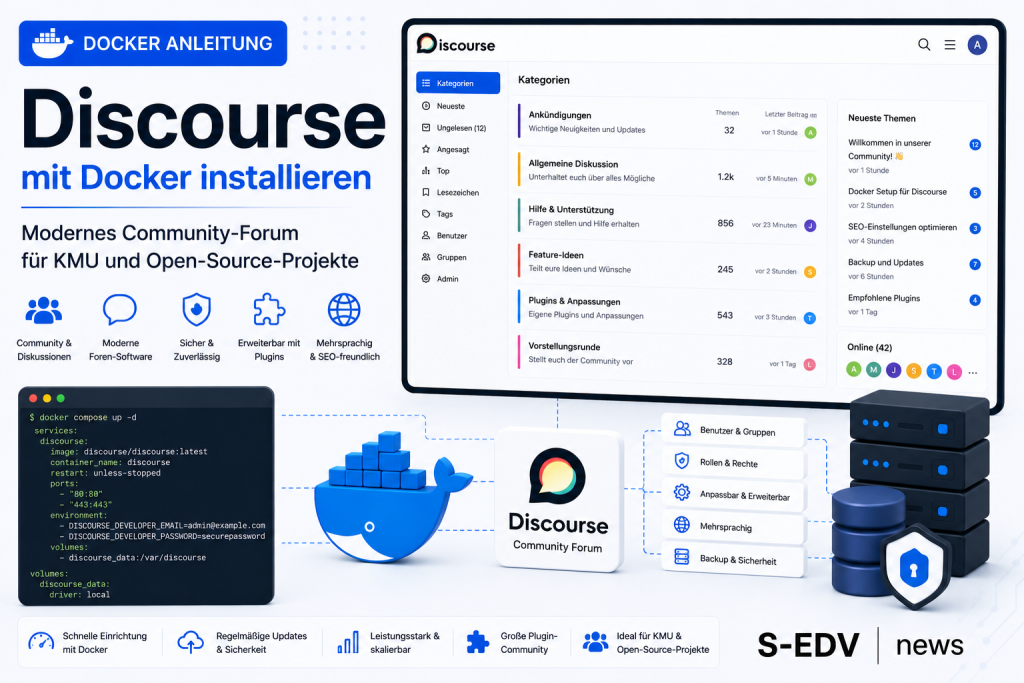 Discourse mit Docker installieren: Modernes Community Forum für KMU und Open Source Projekte mit Benutzergruppen, Rollen und Rechten, Plugins, Mehrsprachigkeit, Sicherheit, Backups und skalierbarer Docker Server Infrastruktur.
