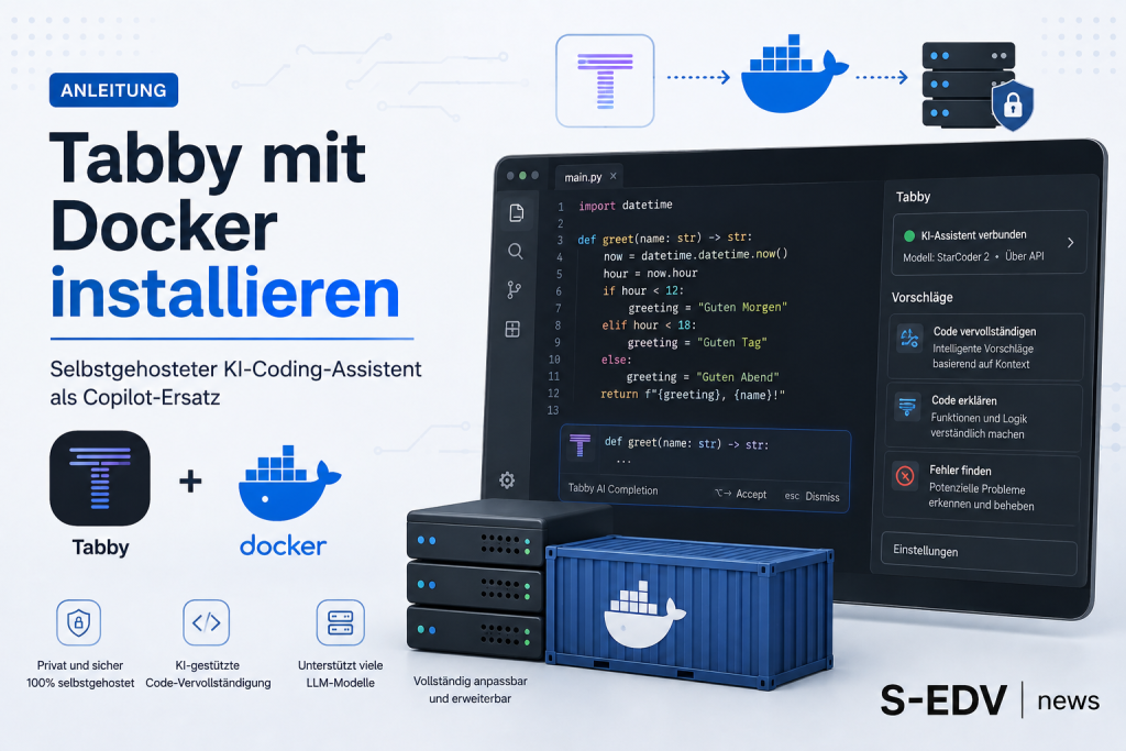 Illustration zur Installation von Tabby mit Docker. Das Bild zeigt einen selbstgehosteten KI Coding Assistenten mit Code Editor, Docker Containern, Server Infrastruktur und KI gestützter Code Vervollständigung als Open Source Alternative zu GitHub Copilot