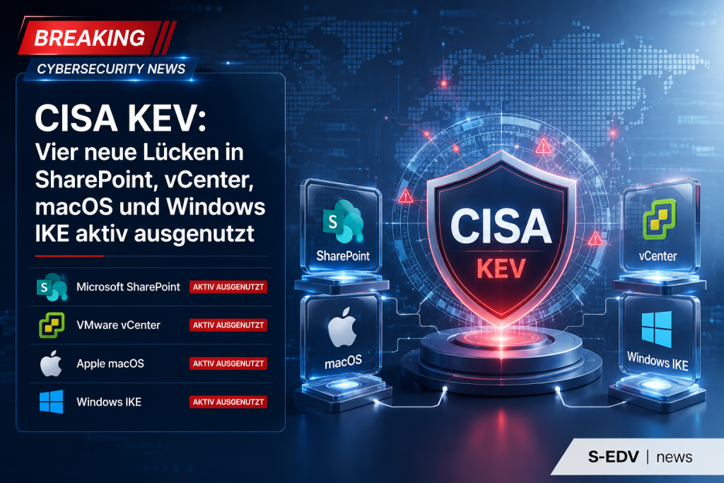 CISA KEV meldet vier aktiv ausgenutzte Sicherheitslücken in Microsoft SharePoint, VMware vCenter, Apple macOS und Windows IKE.