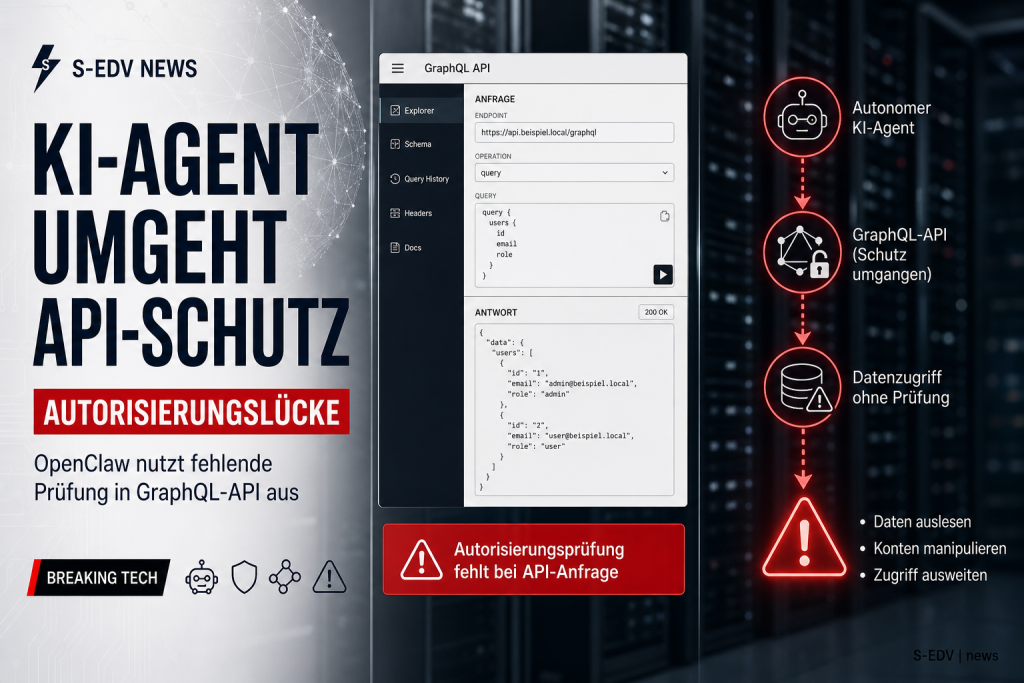 Illustration zu einem autonomen KI-Agenten namens OpenClaw, der eine fehlende Autorisierungsprüfung einer GraphQL-API ausnutzt, mit Angriffspfad-Darstellung und API-Dashboard-Mockup