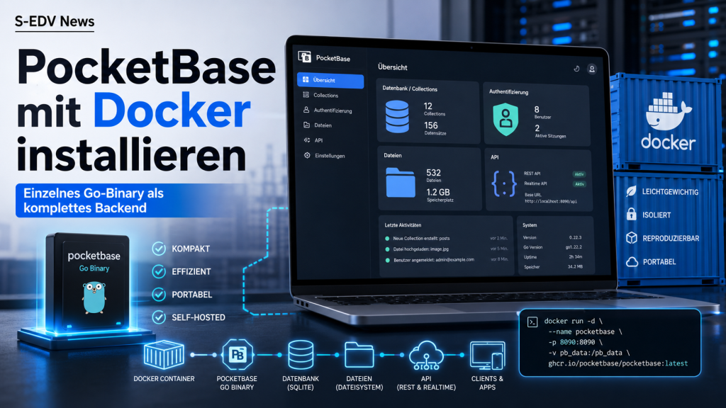 PocketBase mit Docker installieren: Komplettes Self Hosted Backend als einzelnes Go Binary mit Datenbank, Authentifizierung, Dateien und REST API.