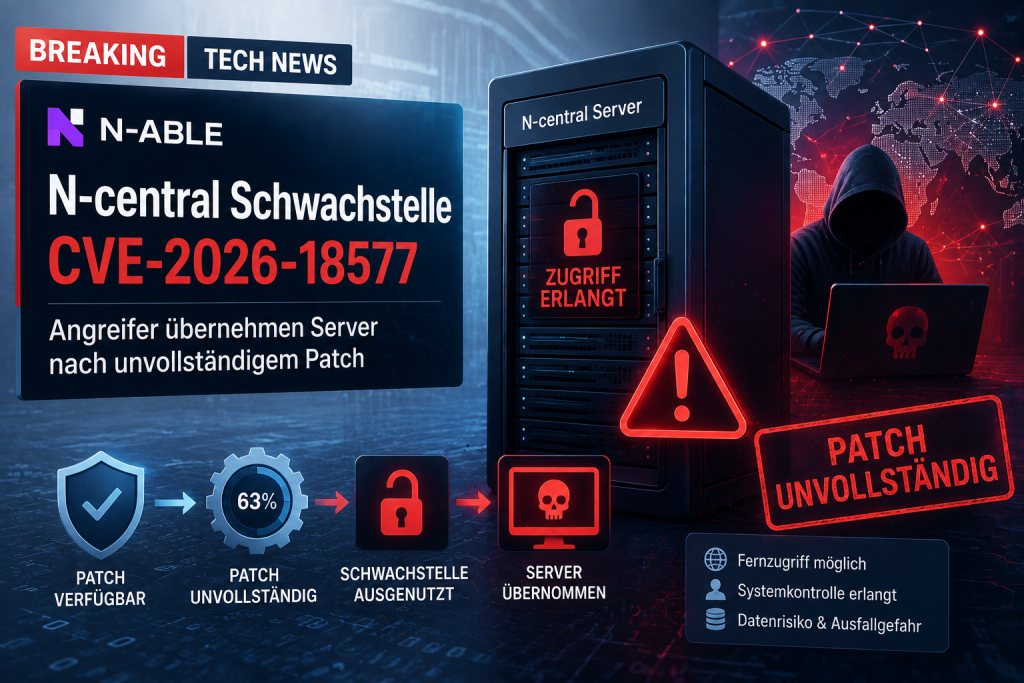 Illustration einer kritischen Sicherheitslücke in N-able N-central (CVE 2026 18577). Das Bild zeigt einen kompromittierten Server, Warnsymbole, einen unvollständigen Patch und einen Angreifer im Hintergrund. Die Cybersecurity Grafik verdeutlicht, wie ein