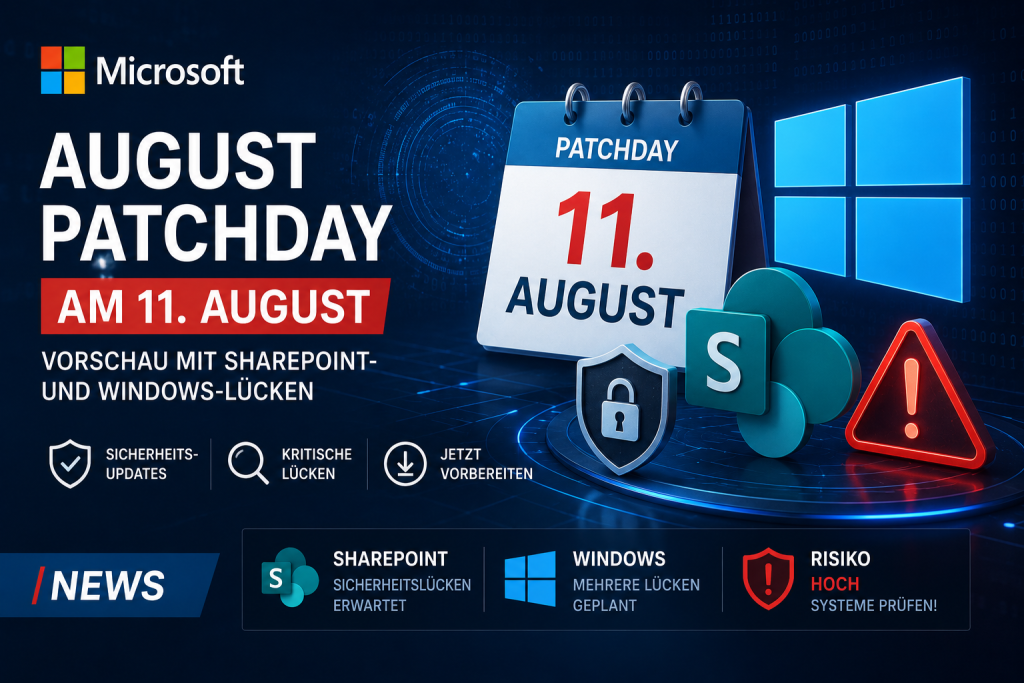 Illustration zum Microsoft Patchday am 11. August mit Fokus auf erwartete Sicherheitsupdates für Windows und SharePoint. Das Bild zeigt einen Kalender mit dem Patchday Termin, Symbole für Windows und SharePoint, ein Sicherheitsschild sowie ein Warnsymbol
