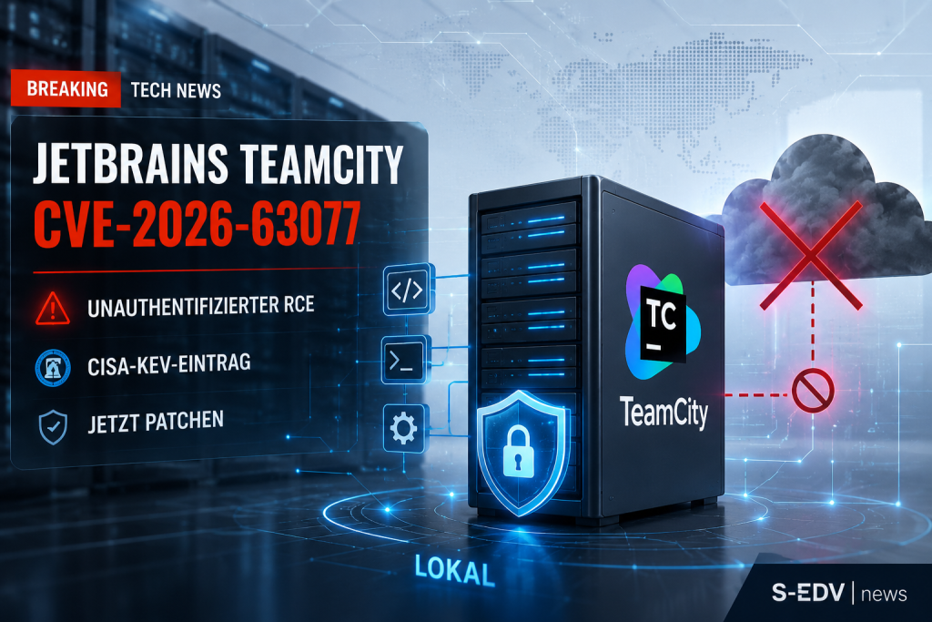 JetBrains TeamCity Sicherheitslücke CVE-2026-63077 mit unauthentifizierter Remote Code Execution, CISA-KEV-Eintrag und dringender Patch-Empfehlung.