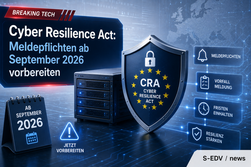 Cyber Resilience Act (CRA) mit Meldepflichten ab September 2026, dargestellt durch ein Cybersecurity Schild, Server und digitale Symbole für Vorfallmeldungen, Fristen und Resilienz.