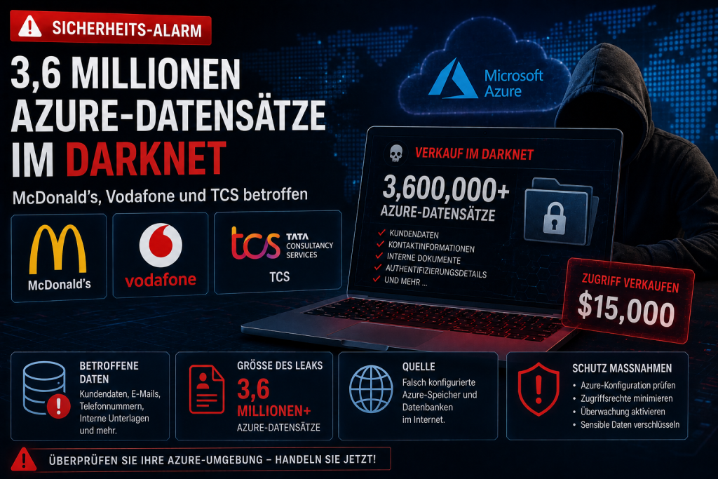 3,6 Millionen Azure-Datensätze im Darknet, mit McDonald’s, Vodafone und TCS als betroffenen Unternehmen, dargestellt mit Microsoft Azure, Laptop, Hacker und Cybersecurity-Warnsymbolen.