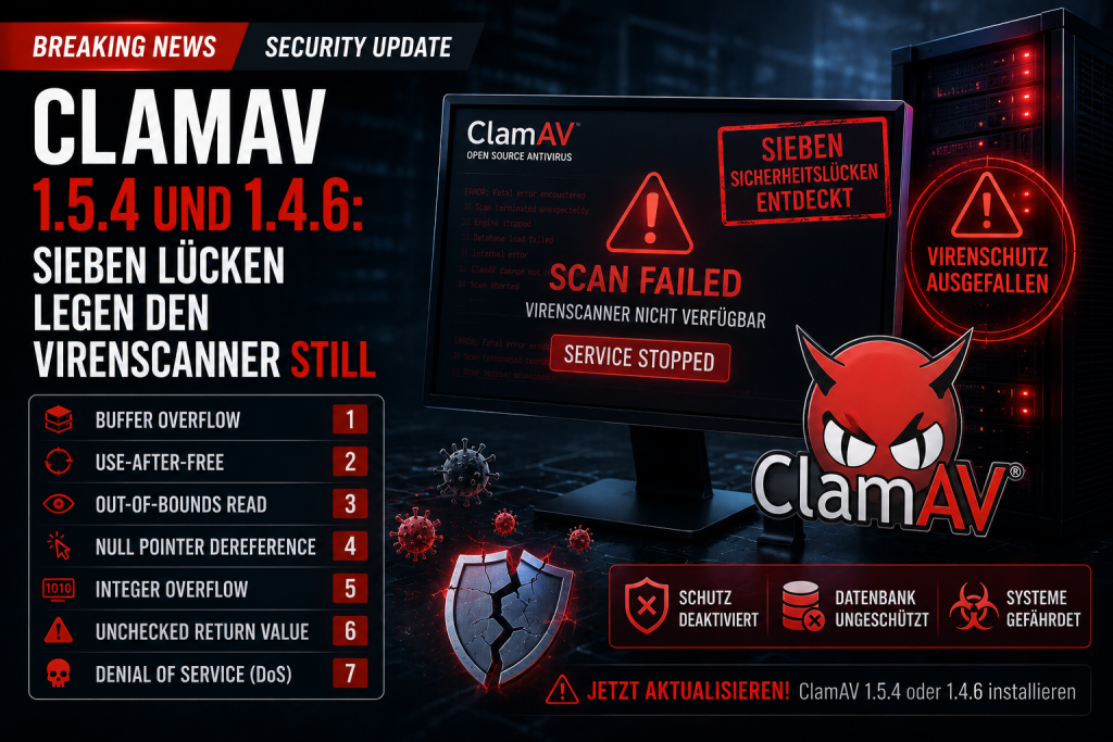 ClamAV 1.5.4 und 1.4.6 schließen sieben Sicherheitslücken, die den Virenscanner durch Angriffe wie DoS und Speicherfehler außer Betrieb setzen können.