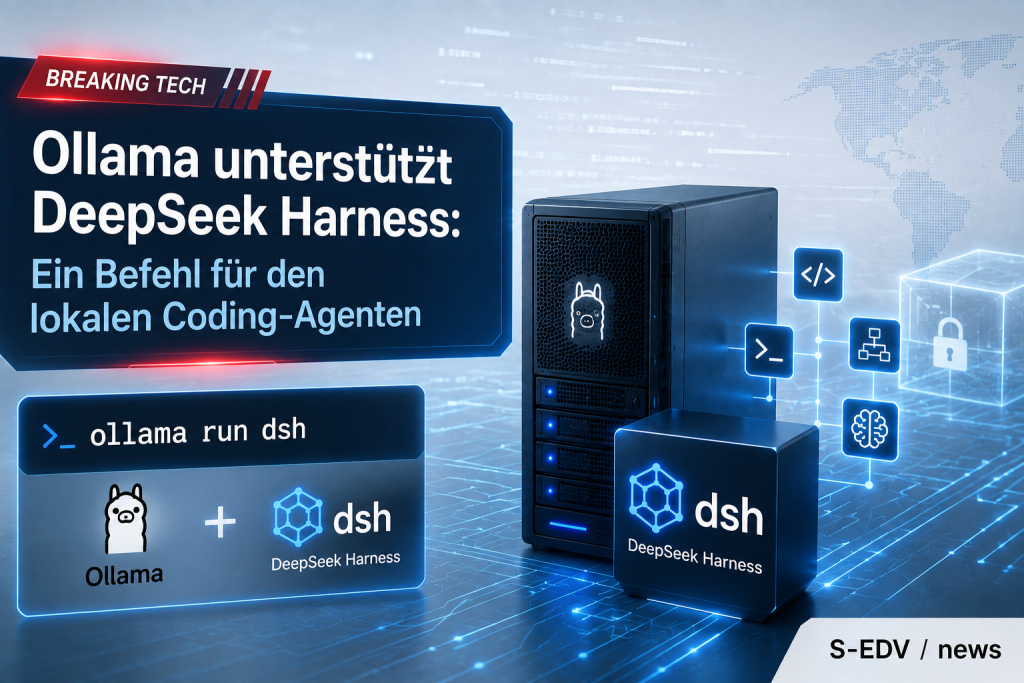 Ollama unterstützt DeepSeek Harness (dsh) für einen lokalen Coding Agenten mit dem Befehl „ollama run dsh“, dargestellt mit Server, KI Netzwerk und DeepSeek Harness Symbol.