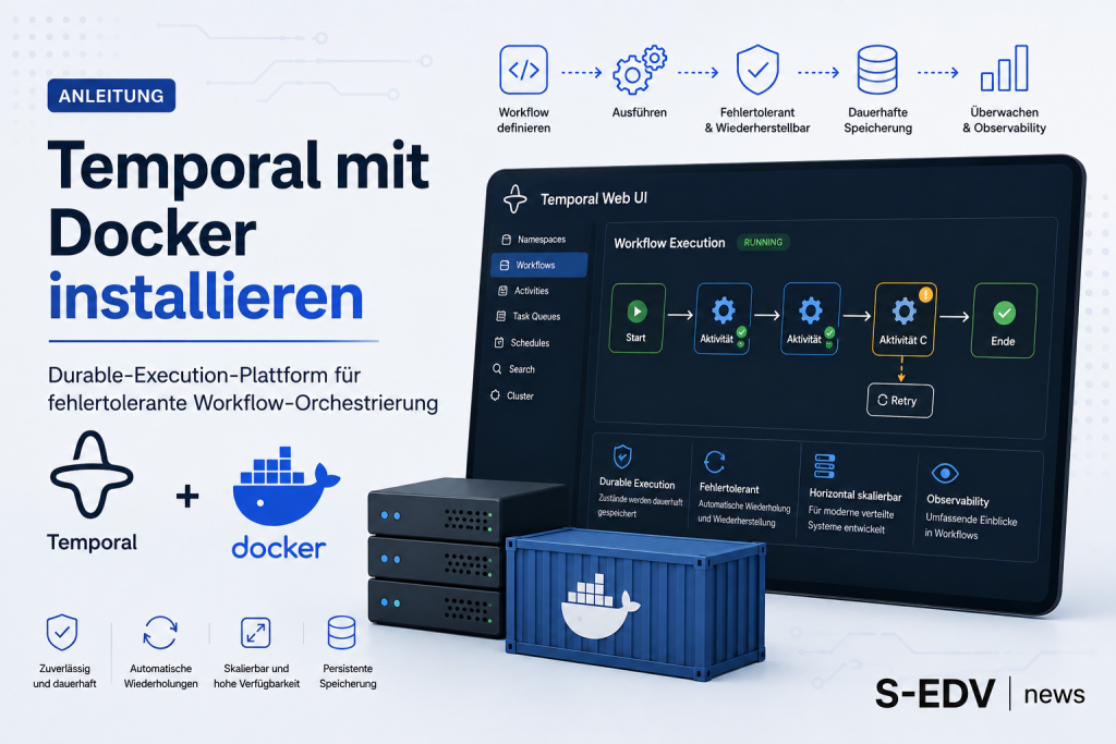 Temporal mit Docker installieren. Moderne IT Illustration einer Durable Execution Plattform mit Docker Containern, Workflow Orchestrierung, automatischen Retries, persistenter Speicherung, Observability und Server Infrastruktur für fehlertolerante Microse