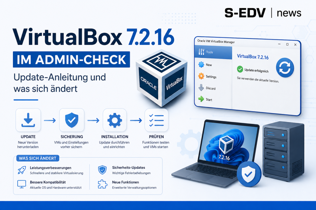VirtualBox 7.2.16 Update Anleitung für Admins mit Schritten zur Sicherung, Installation und Prüfung sowie Übersicht der Änderungen bei Leistung, Sicherheit und Kompatibilität.