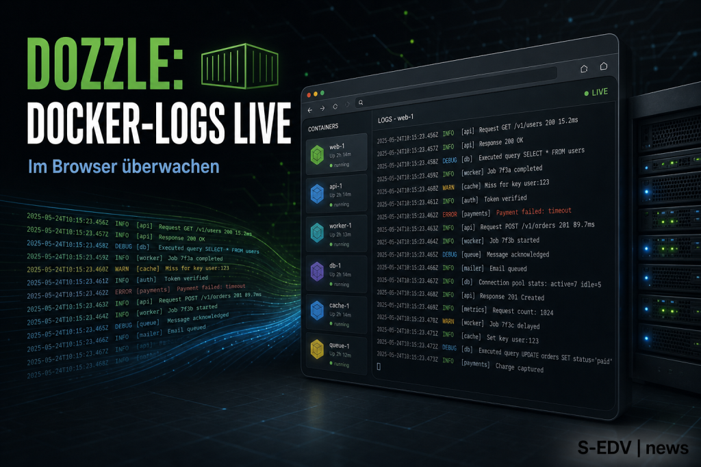 Dozzle-Dashboard mit live gestreamten Docker-Container-Logs im Browser
