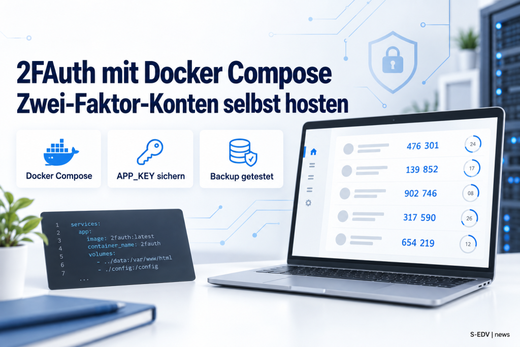 Anleitungs-Titelbild zur Installation von 2FAuth mit Docker Compose, mit Feature-Karten zu Compose, APP_KEY-Sicherung und getestetem Backup sowie einem Dashboard-Mockup mit Einmalcodes