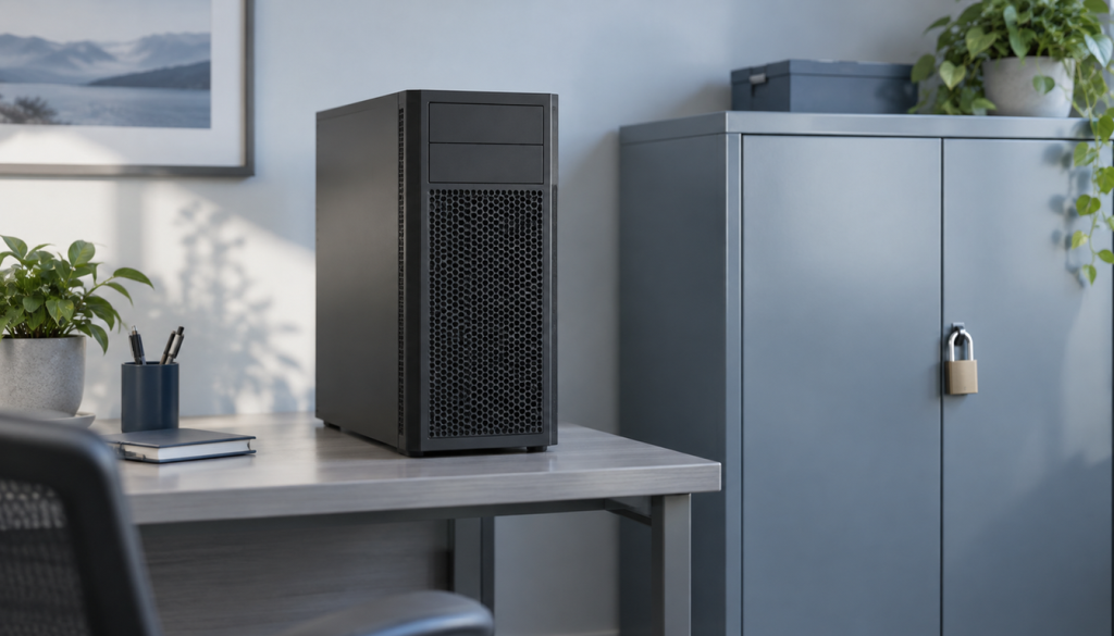Tower-Server auf einem Schreibtisch neben einem mit Vorhängeschloss gesicherten Aktenschrank
