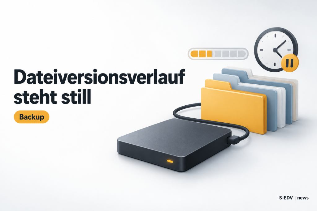 Illustration einer externen Festplatte mit gestoppter Fortschrittsanzeige als Symbol für den ausgefallenen Dateiversionsverlauf unter Windows