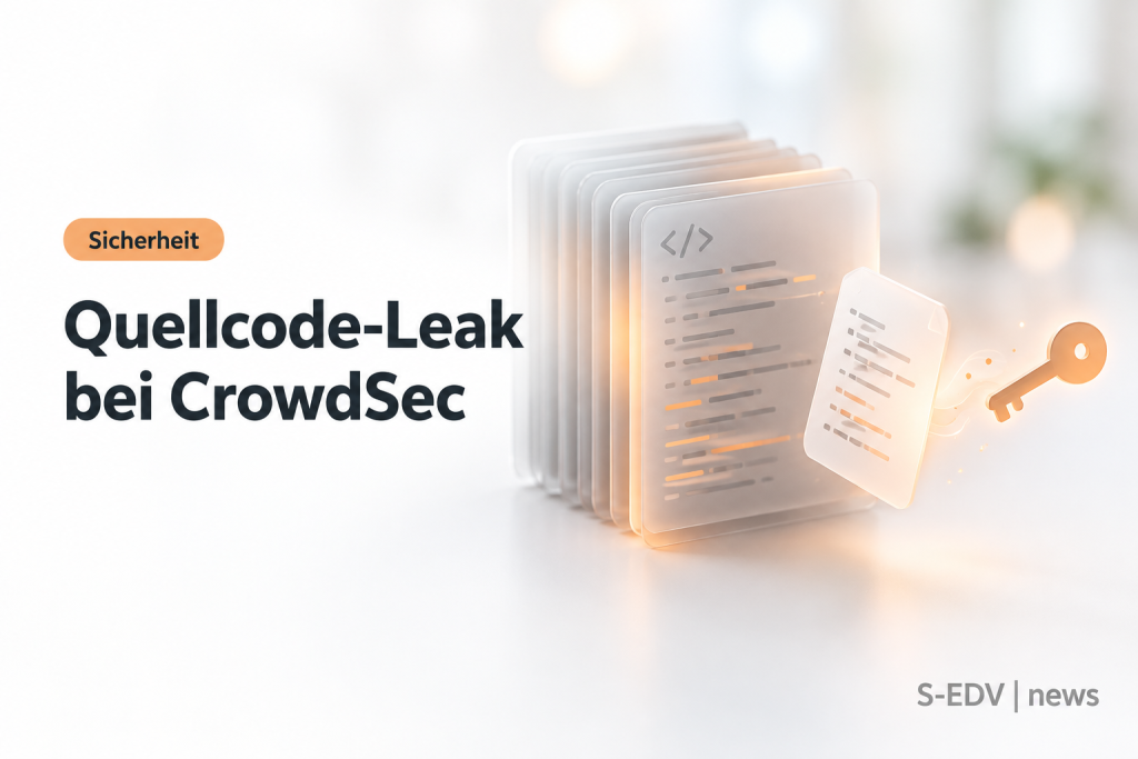 Helle Magazin-Illustration mit der Schlagzeile Quellcode-Leak bei CrowdSec und einem abstrakten Code-Stapel mit wegfliegendem Schlüssel