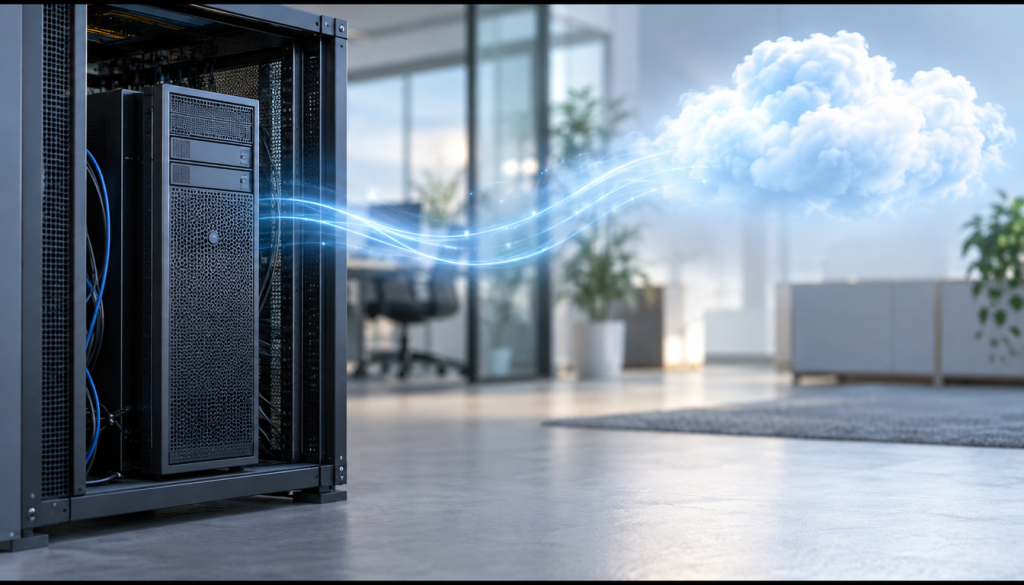 Tower-Server im Serverschrank, von dem Datenströme zu einer Cloud fließen, als Sinnbild für die Postfachmigration zu Exchange Online