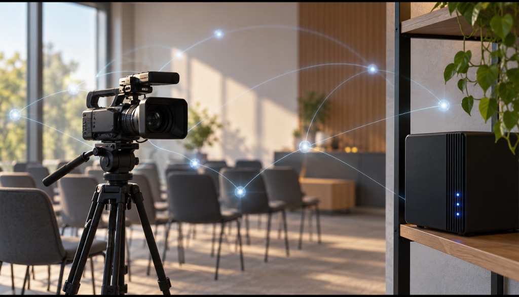 Videokamera auf Stativ in einem Seminarraum und ein kleiner Server im Regal, verbunden durch Lichtlinien als Sinnbild für eine selbst gehostete Videoplattform