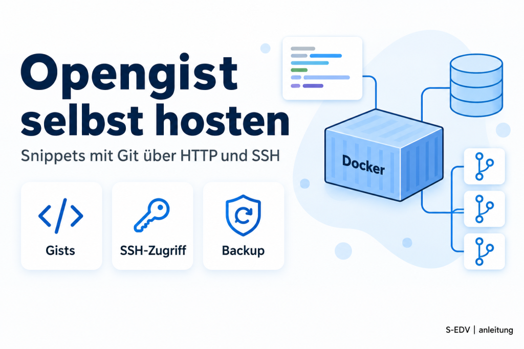 Illustration zur Anleitung mit der Überschrift Opengist selbst hosten, drei Feature-Karten zu Gists, SSH-Zugriff und Backup sowie einem abstrakten Architektur-Mockup mit Docker, Datenbank und Git in Blautönen.