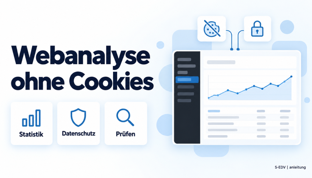 Grafik mit der Überschrift Webanalyse ohne Cookies und einem stilisierten WordPress-Adminbereich mit Besucherdiagramm
