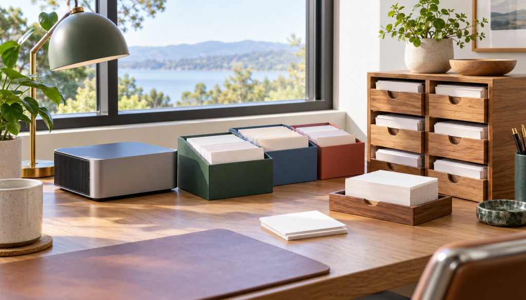 Aufgeräumter Schreibtisch mit farbigen Karteikästen voller leerer Karteikarten, Holzschubladen und einem kompakten Mini-PC am Fenster