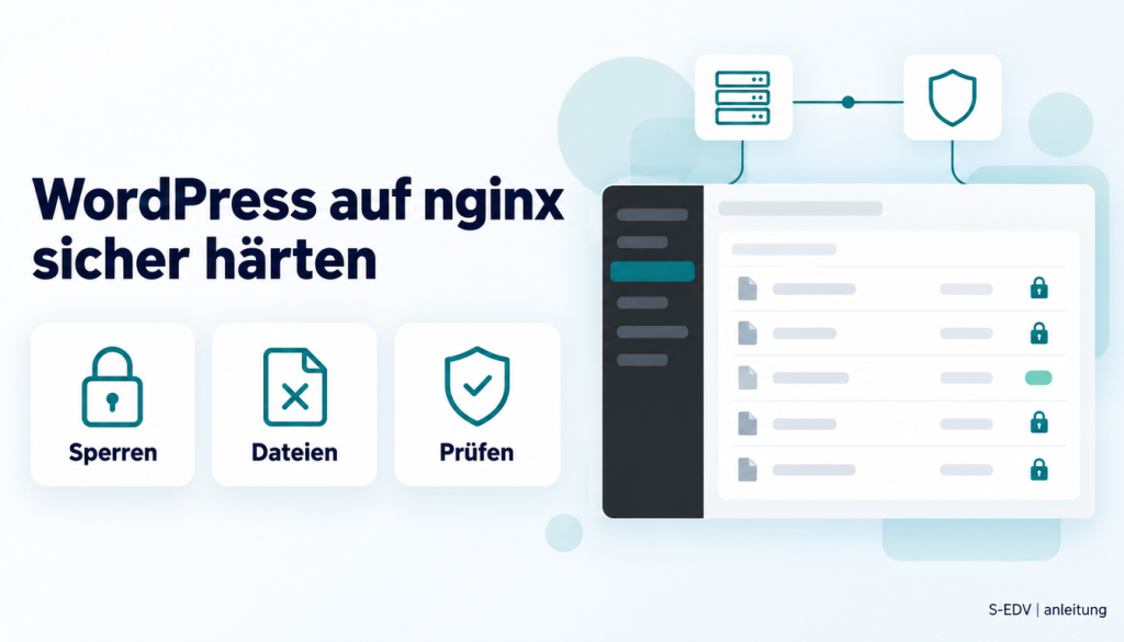 Grafik mit der Überschrift WordPress auf nginx härten und einem stilisierten WordPress-Adminbereich mit gesperrten Dateien
