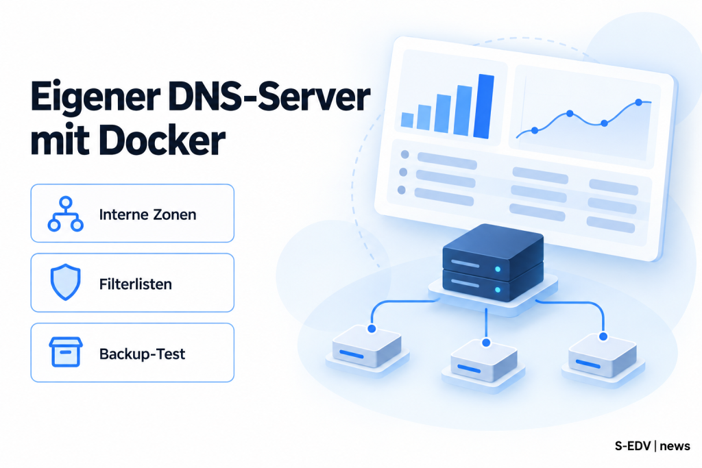 Illustration zur Anleitung mit der Überschrift Eigener DNS-Server mit Docker, drei Feature-Karten zu internen Zonen, Filterlisten und Backup-Test sowie einem abstrakten Netzwerk- und Dashboard-Mockup in Blautönen.