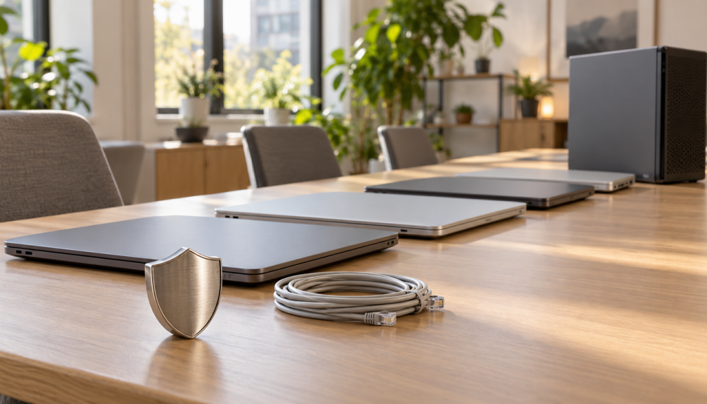 Büro mit geschlossenen Laptops und kleinem Rechner auf einem langen Tisch, davor ein metallenes Schild als Sinnbild für den Schutz der Endgeräte