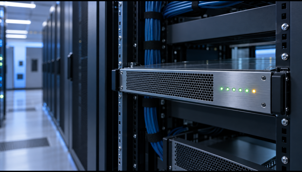 Rack-Server in einem Rechenzentrum mit grünen und einer gelben Status-LED an der Frontblende
