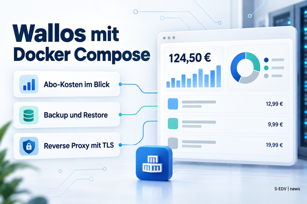 Titelbild zur Anleitung: Wallos mit Docker Compose selbst hosten, daneben ein Dashboard-Mockup mit monatlicher Abo-Kostenübersicht, Balken- und Ringdiagramm sowie einzelnen Abo-Positionen mit Preisen.