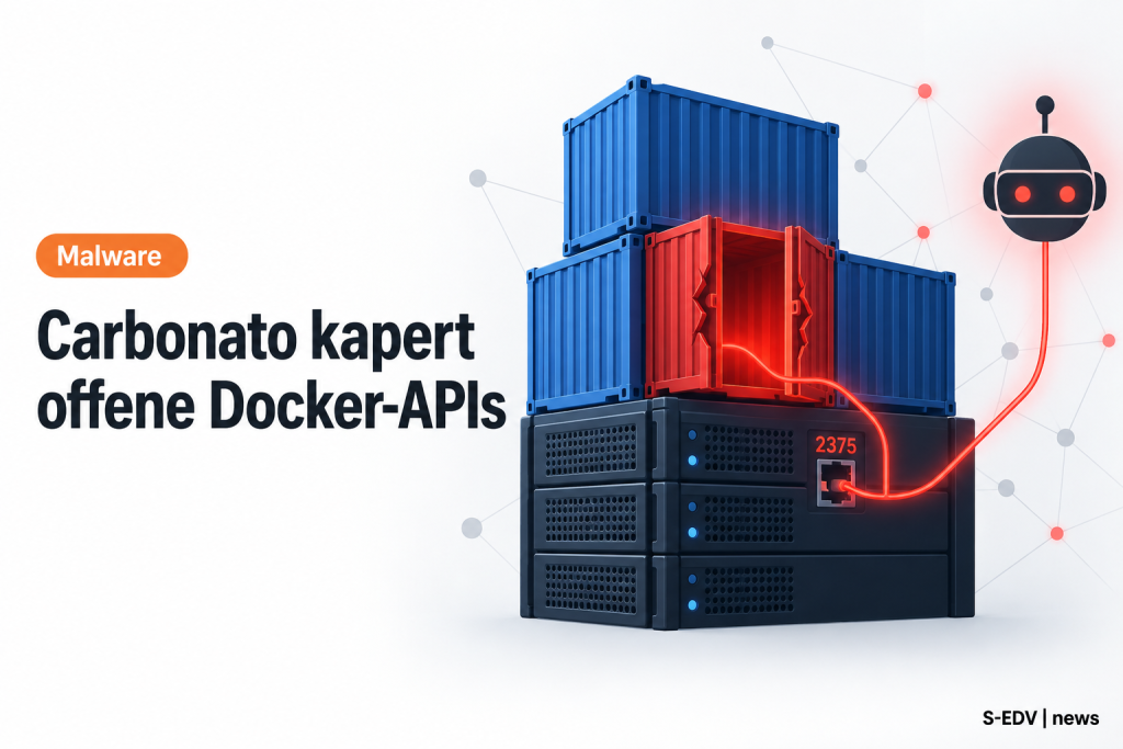Illustration: Container-Stapel mit offenem Port 2375 und KI-Agenten-Symbol, Überschrift „Carbonato kapert offene Docker-APIs“