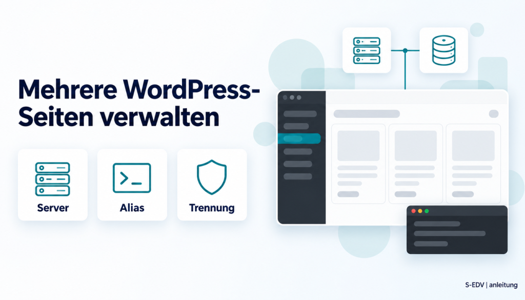 Grafik mit der Überschrift Mehrere WordPress-Seiten auf einem Server und einem stilisierten WordPress-Adminbereich mit mehreren Website-Karten