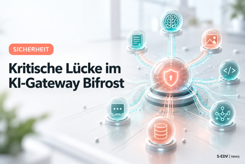 Helles Titelbild zur kritischen Sicherheitslücke CVE-2026-90898 im quelloffenen KI-Gateway Bifrost mit abstraktem Netzwerkknoten