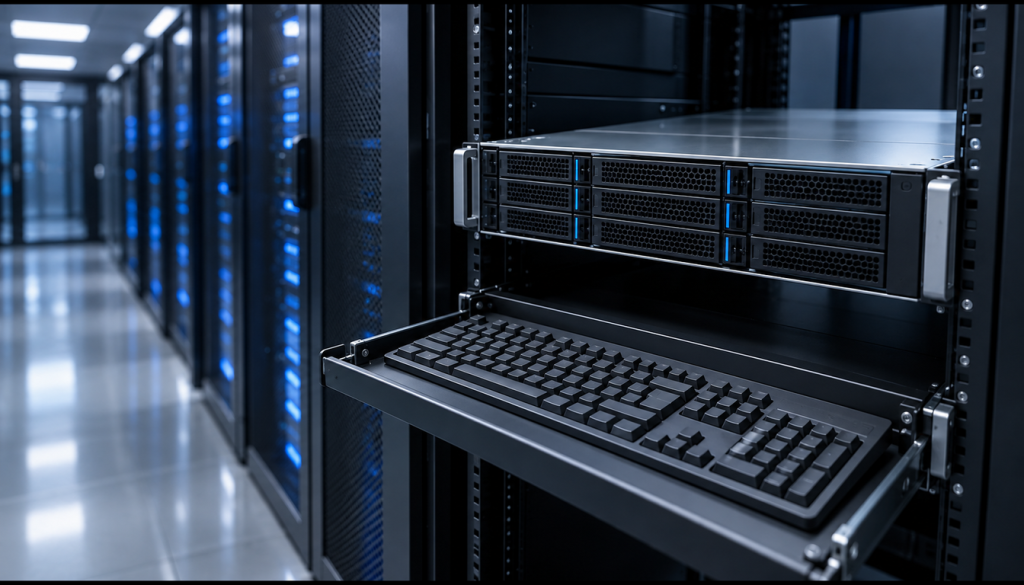 Rack-Server mit ausziehbarer Tastatur in einem Serverraum mit blauer Beleuchtung