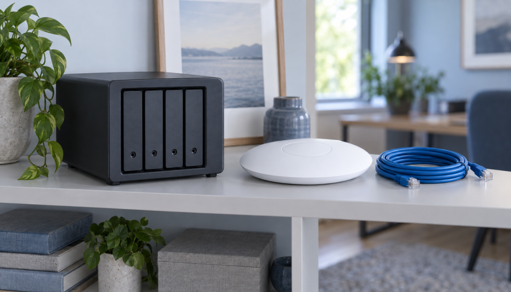 NAS-Gehäuse mit vier Laufwerksschächten, WLAN-Access-Point und Netzwerkkabel auf einem Regal