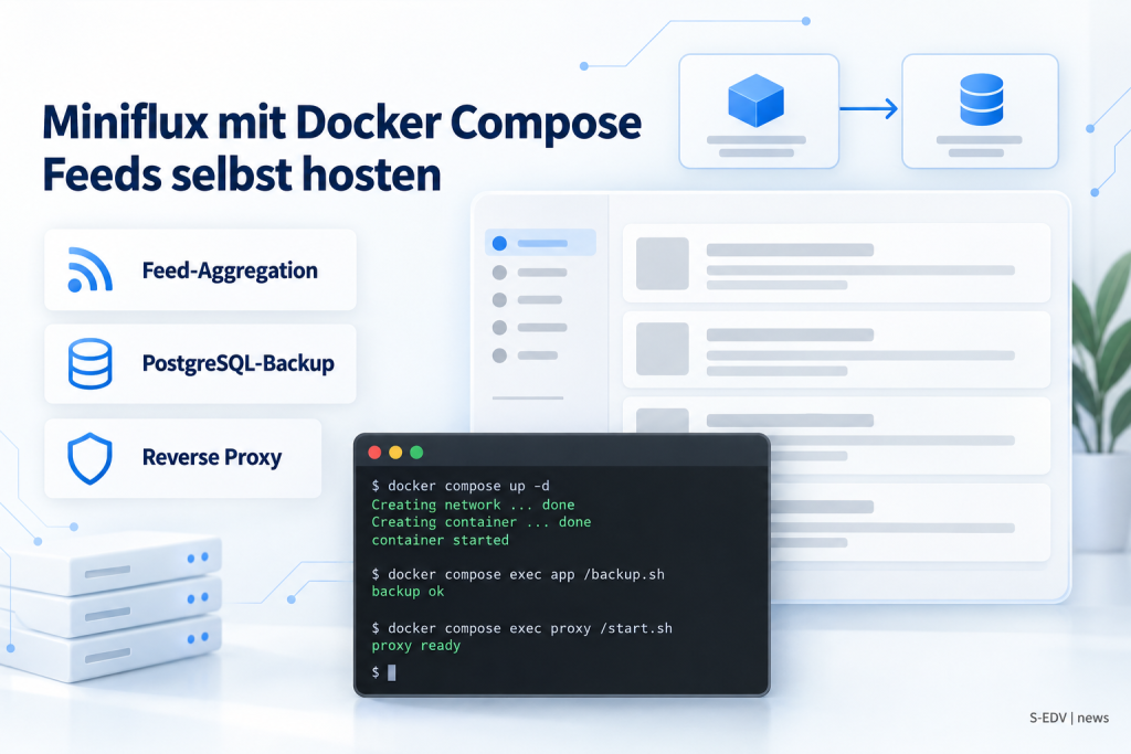 Anleitungsgrafik zu Miniflux mit Docker Compose: Headline, drei Feature-Karten zu Feed-Aggregation, PostgreSQL-Backup und Reverse Proxy, daneben ein abstraktes Reader-Dashboard und ein Terminalfenster