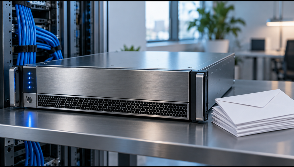 Rack-Server mit blauen Statuslampen und Netzwerkkabeln neben einem Stapel weißer Briefumschläge als Symbol für einen eigenen Mailserver