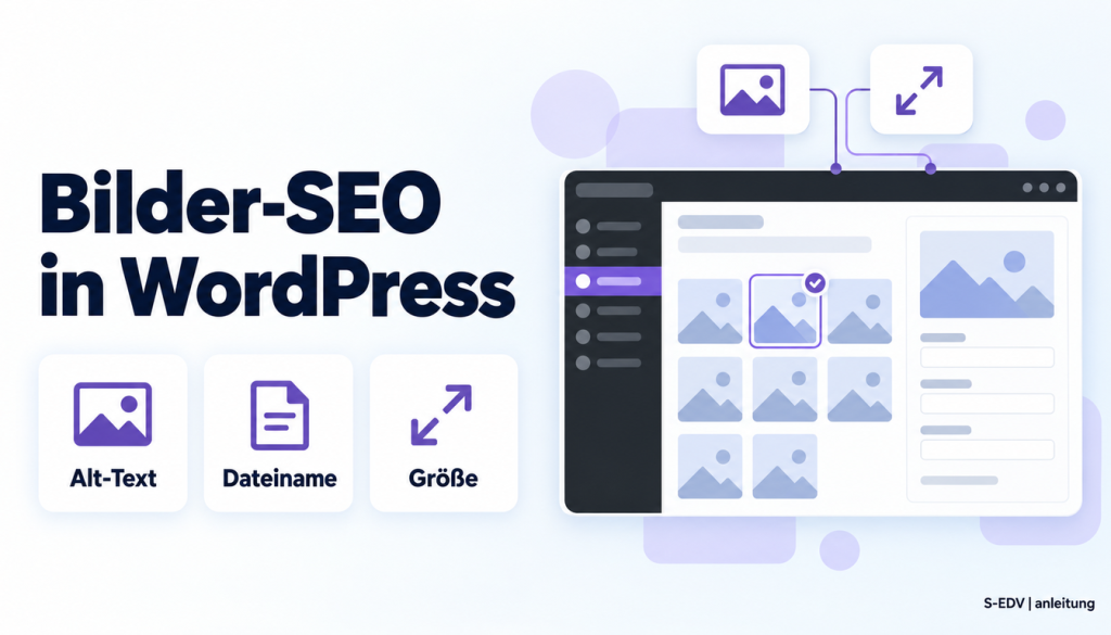 Grafik mit der Überschrift Bilder-SEO in WordPress und einem stilisierten WordPress-Adminbereich mit Bildraster und Beschriftungsfeldern