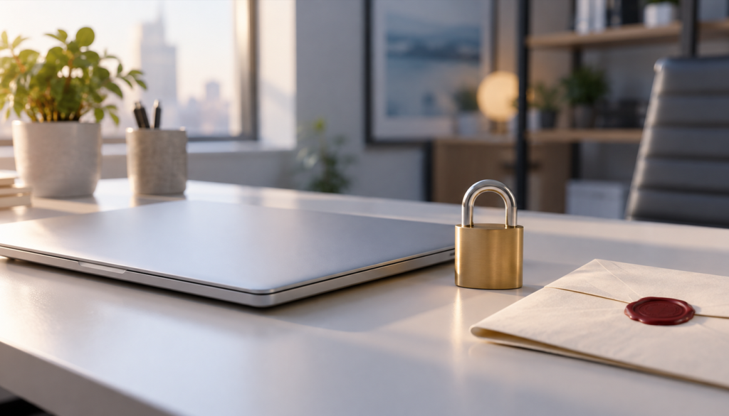 Geschlossener Laptop auf einem hellen Schreibtisch neben einem Vorhängeschloss und einem versiegelten Umschlag als Sinnbild für eine verschlüsselte Verbindung