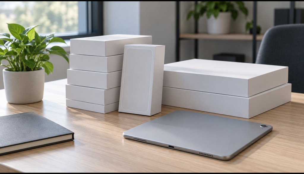 Unbeschriftete Kartons mit neuen Firmen-Smartphones und Tablets auf einem Schreibtisch, bereit für die automatische Geräteregistrierung