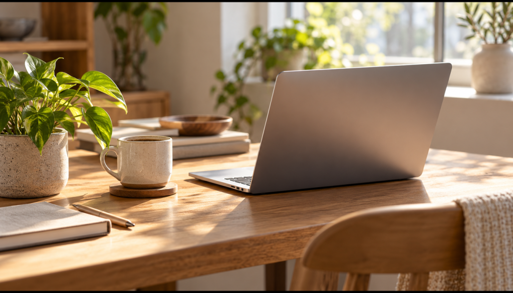Aufgeklappter Laptop von hinten auf einem Holztisch neben Kaffeetasse und Zimmerpflanze im Morgenlicht